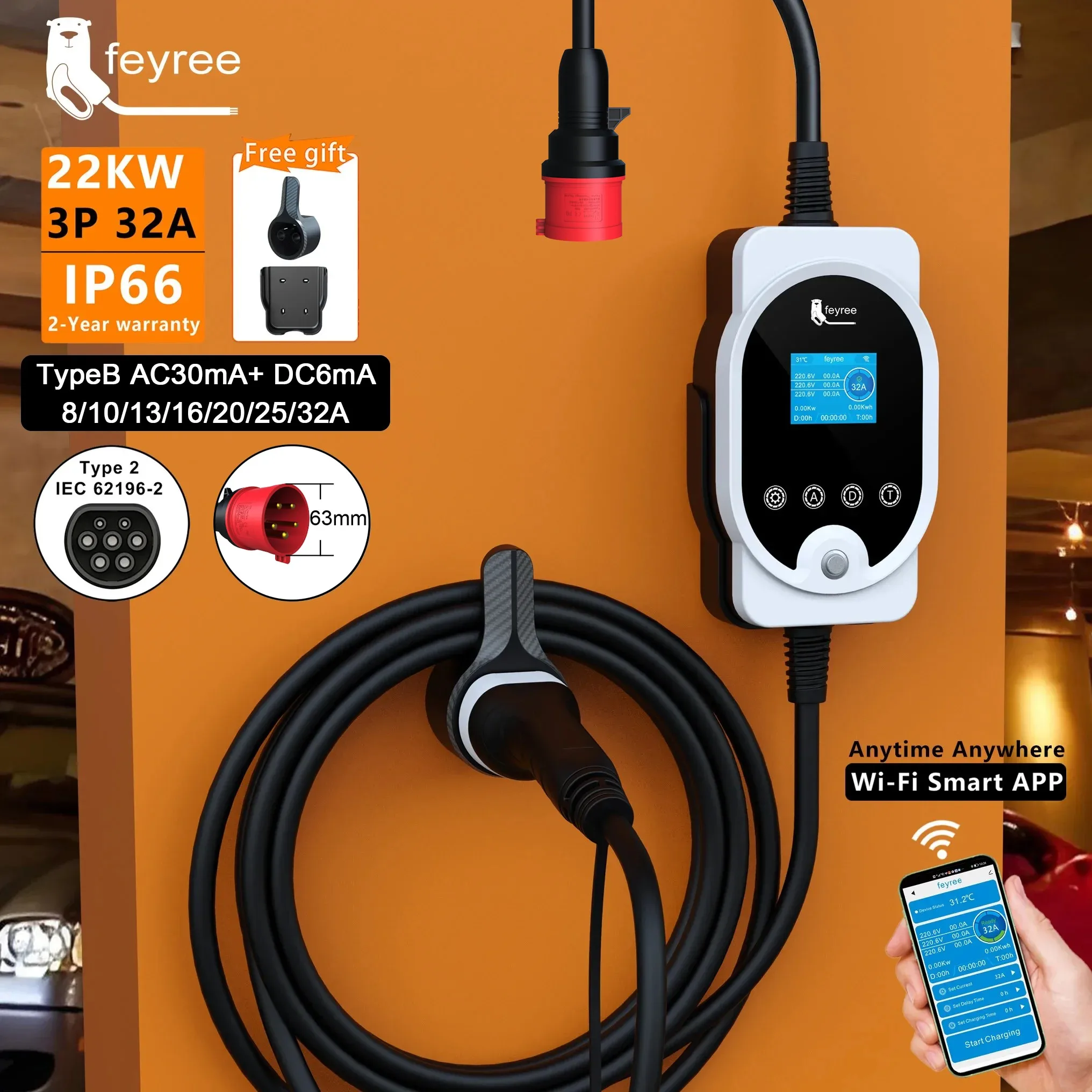 เฟรี 22KW สายเคเบิล Type2 EVSE - Ev Charger Type 2 22Kw 32A 3 Phase บทวิจารณ์และราคา