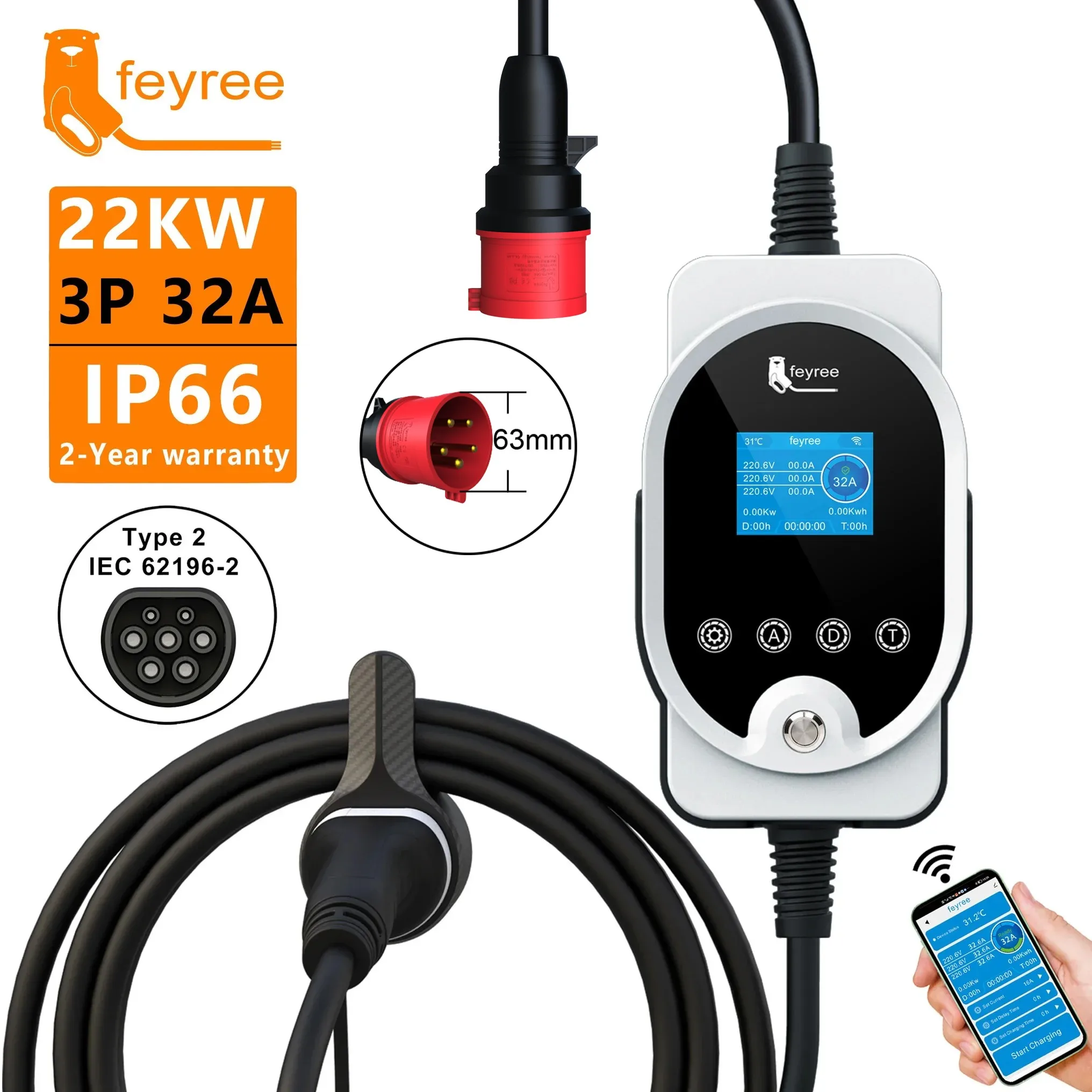 เฟรี 22KW สายเคเบิล Type2 EVSE - Ev Charger Type 2 22Kw 32A 3 Phase บทวิจารณ์และราคา